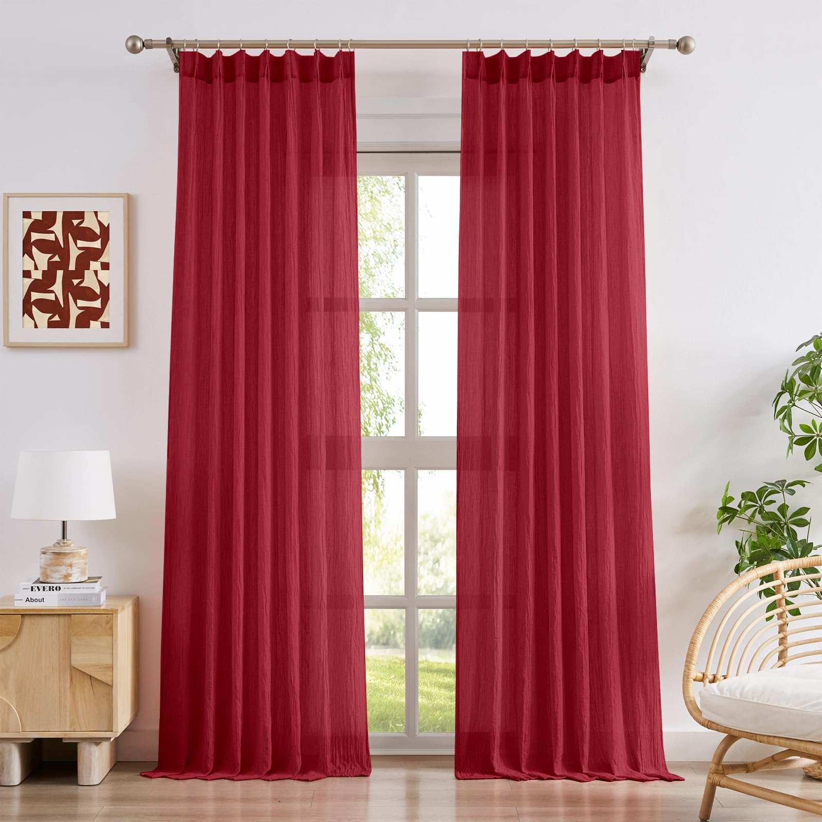 Melodieux Lot de 2 Panneaux de Rideaux de Noël en Coton de 243,8 cm de Long, Rideaux Transparents plissés pincés pour Portes coulissantes, terrasse, filtrant la lumière, pour Salon, 101,6 x 243,8 cm
