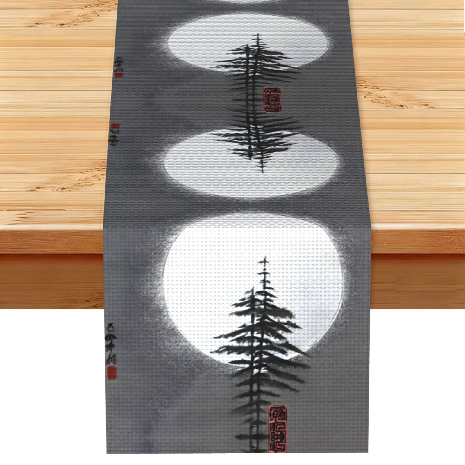 Moon Pine Tree Linen Look Table Runner 13x72-Wrinkle Resistant Farmhouse Style for Dining Table Decor