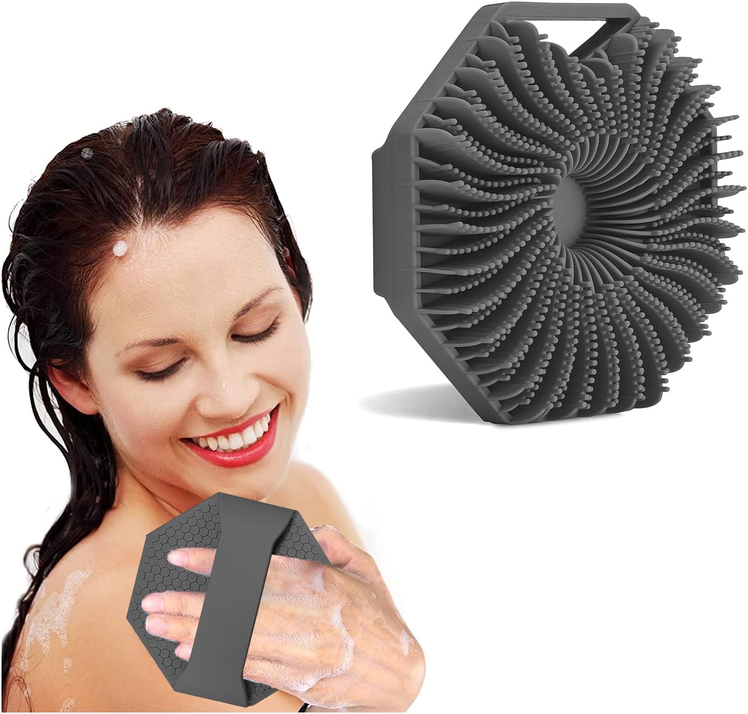 Angju Antimicrobial Silicone Body Scrubber, Exfoliating Scrubber For Sensitive Skin, Eco Friendly Shower Body, Brush Showering, Lathers Well, Charcoal