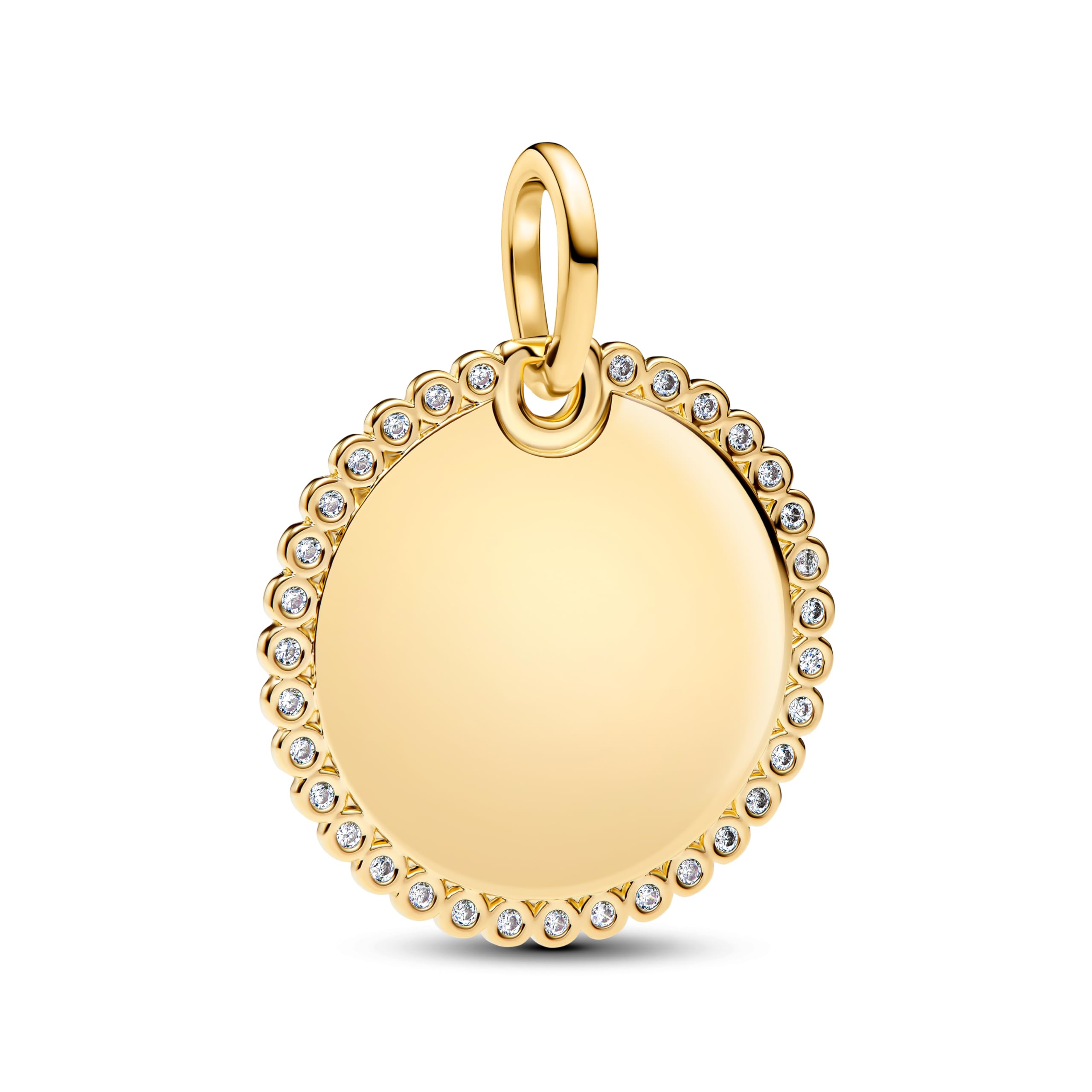 PANDORA Gravierbarer runder Anhänger aus Sterling Silber mit 14k vergoldeter Metalllegierung und Zirkonia – Moments & ME