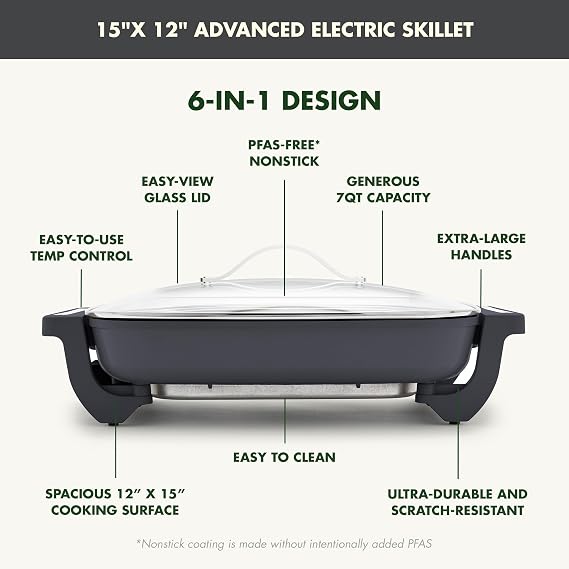 GreenPan Advanced 12 X 15 Electric Skillet with Lid, 7QT Capacity for Family Meals, Ceramic Nonstick PFAS-Free Coating, Fry, Saute, Steam, Simmer, Sear, Stir Fry, Dishwasher Safe, Graphite