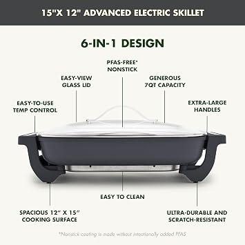 GreenPan Advanced 12 X 15 Electric Skillet with Lid, 7QT Capacity for Family Meals, Ceramic Nonstick PFAS-Free Coating, Fry, Saute, Steam, Simmer, Sear, Stir Fry, Dishwasher Safe, Graphite