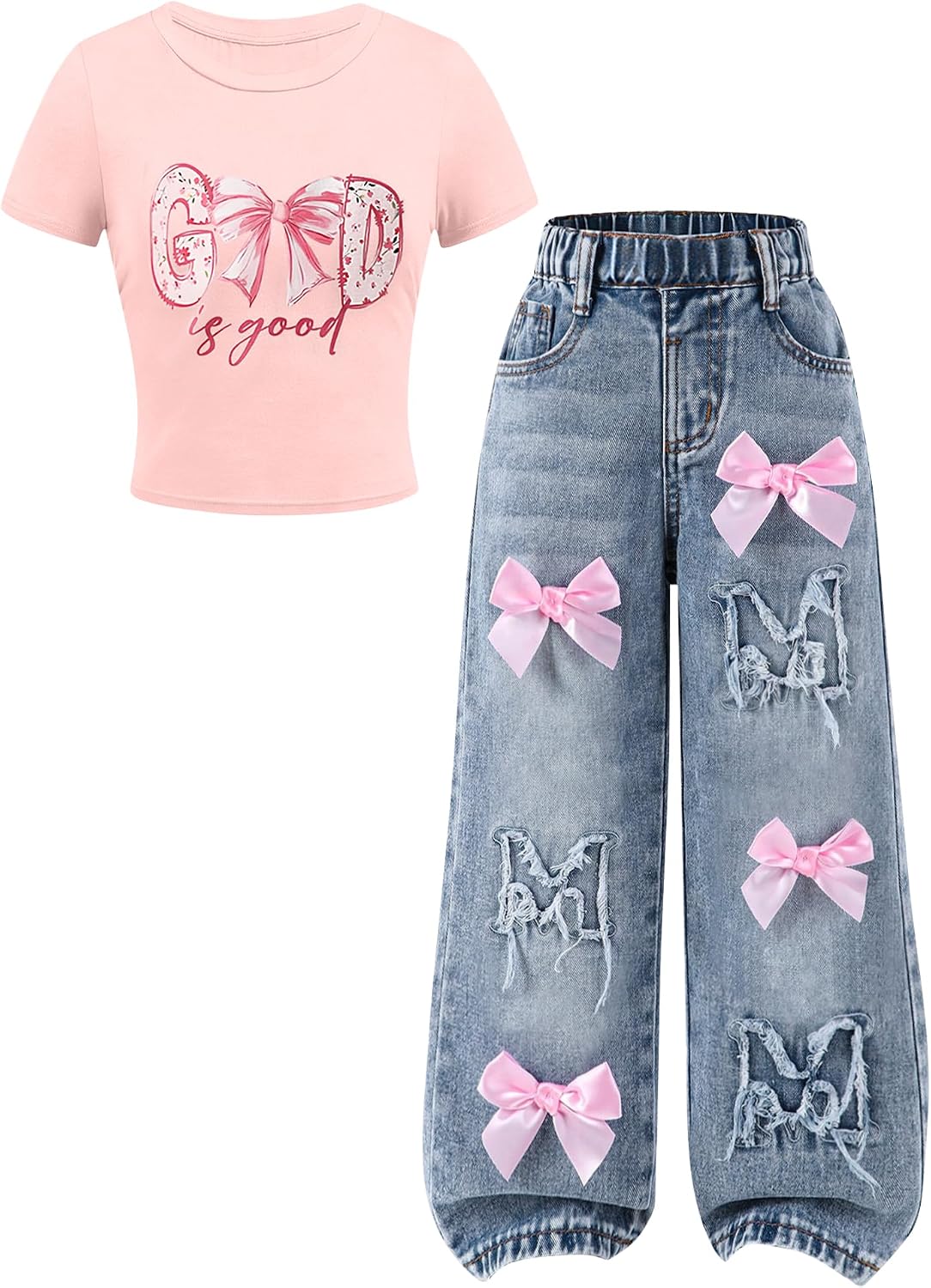 Cakaner Toddler Girls Clothes 2 Piece Cute Shirt and Wide Leg Jeans Kids Clothing Set Size 4-8