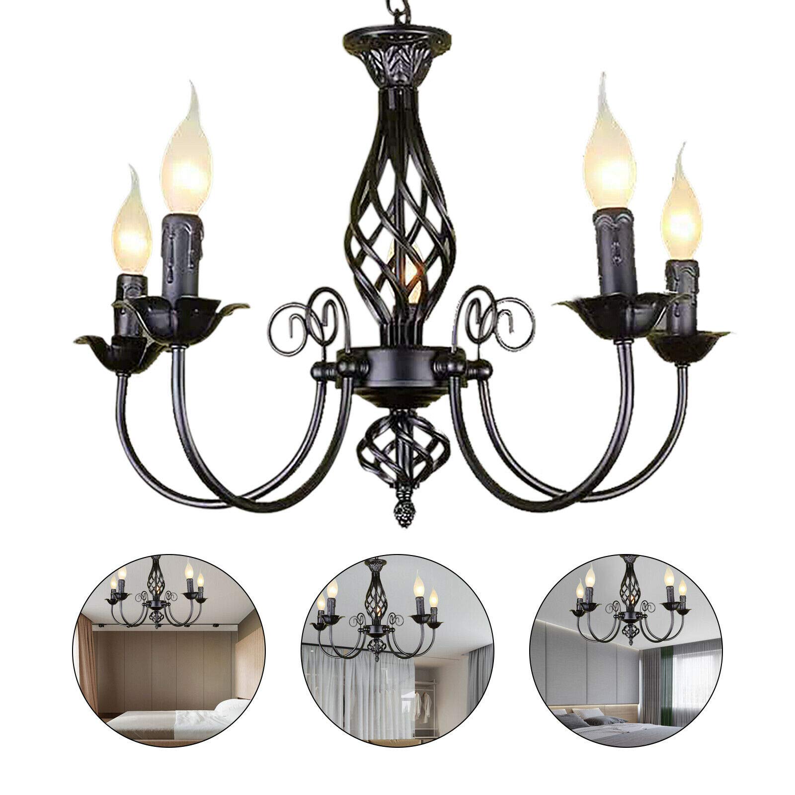 Lampadario classico rétro, in ferro, a 5 bracci, E27, per illuminazione interna, per soggiorno, camera da letto, cucina, in nero