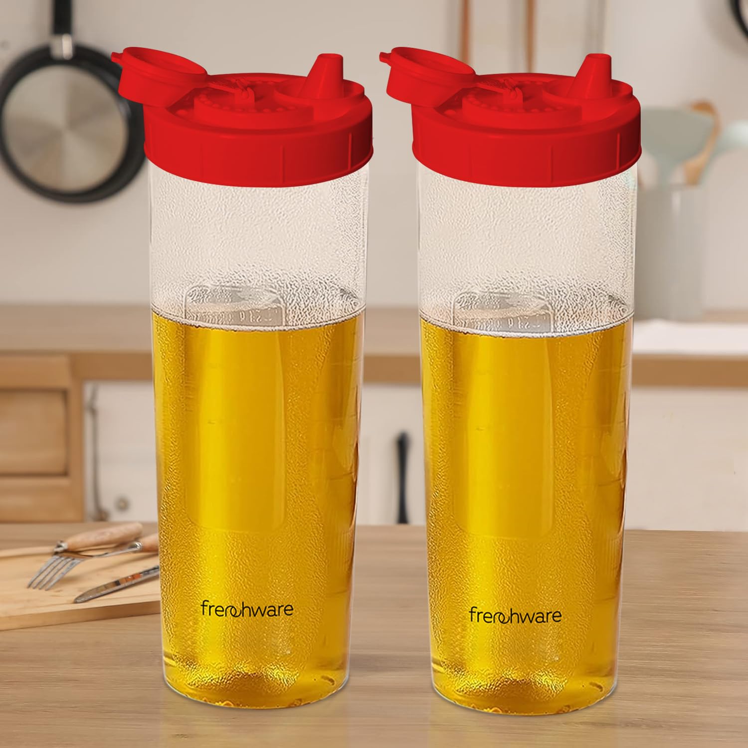 Frenchware Oil Dispenser (Pack of 2, 1 Litre Each) 100% Food-Grade, BPA-Free Plastic, Ideal for Storing & Pouring Liquids, Cooking Oils, Refined Oils, Olive Oil, Vinegar, Soy Sauce (Red)