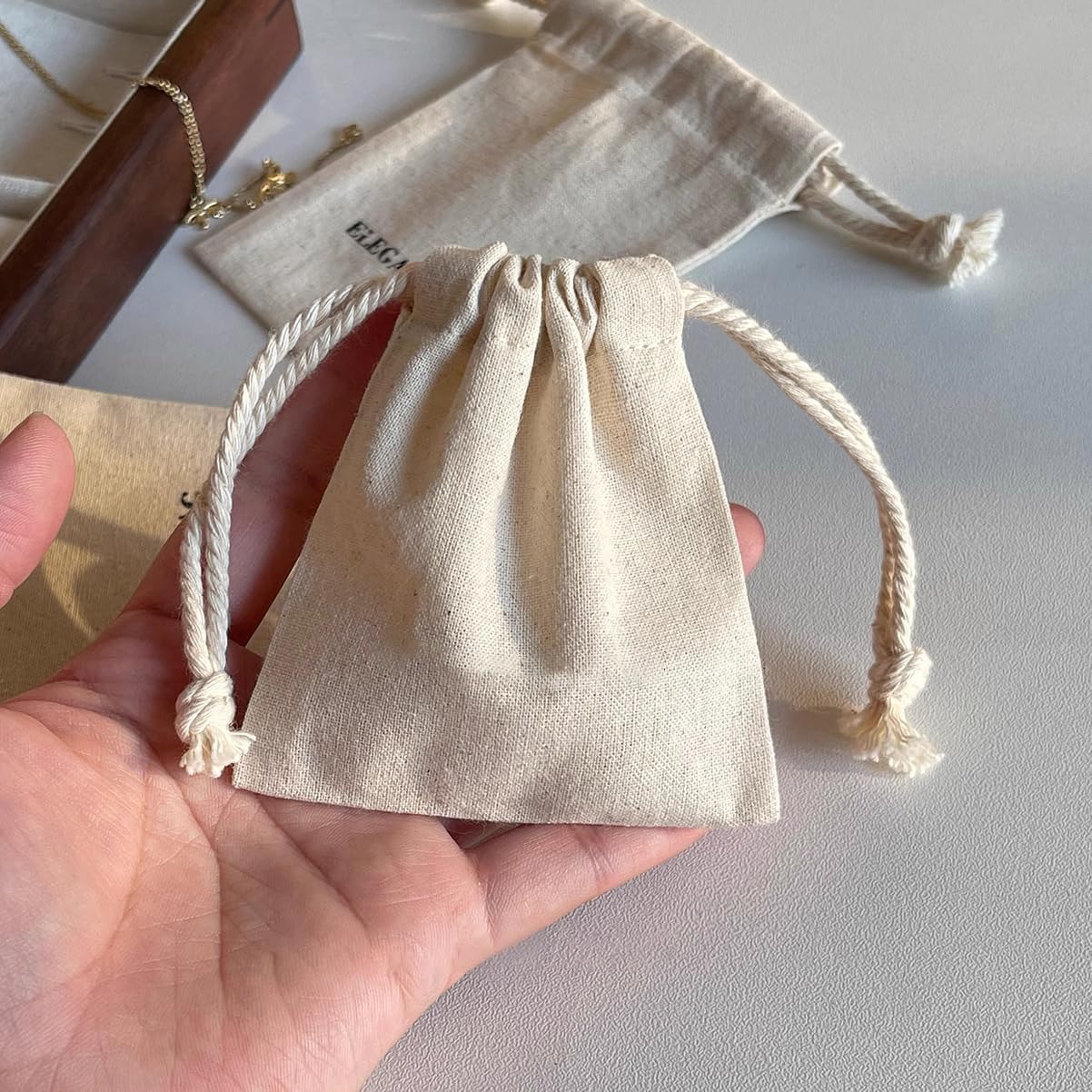 ankaicustom 100pcs Custom logo Nature Linen Cotton Bags Drawstring Fabric Bags Custom Logo Printed Soap candle sachet package supply wholesale, Natural Cotton Jewelry Pouch