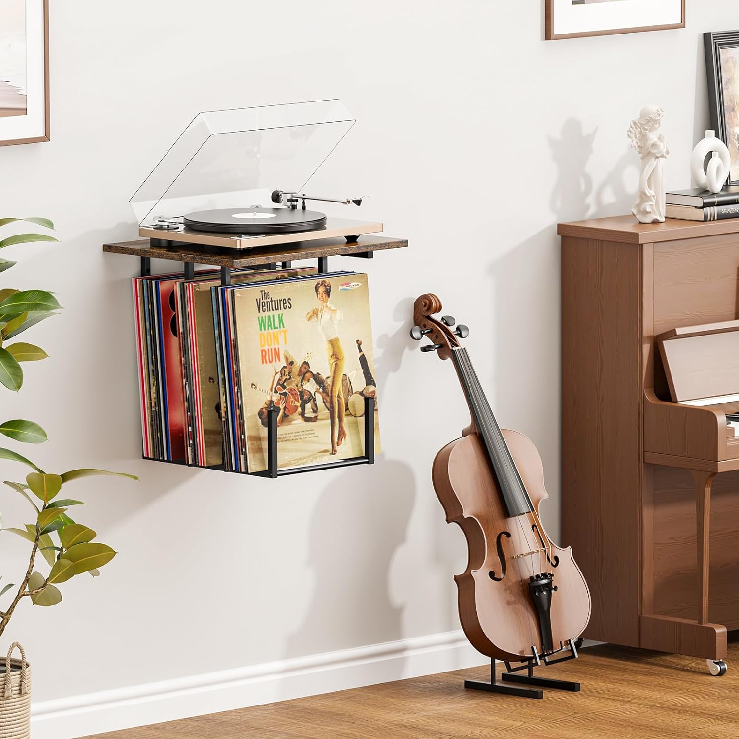 PAPAGIFTREE Vinyl Wall Mount Record Player Stand installed in a living space next to a cello.