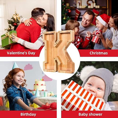 Miniatura 143 de SummiDate Alcancía de madera con nombre, niños y niñas, tamaño grande, letras alfabeto A-Z, monedas y billetes, inicial en cubierta transparente