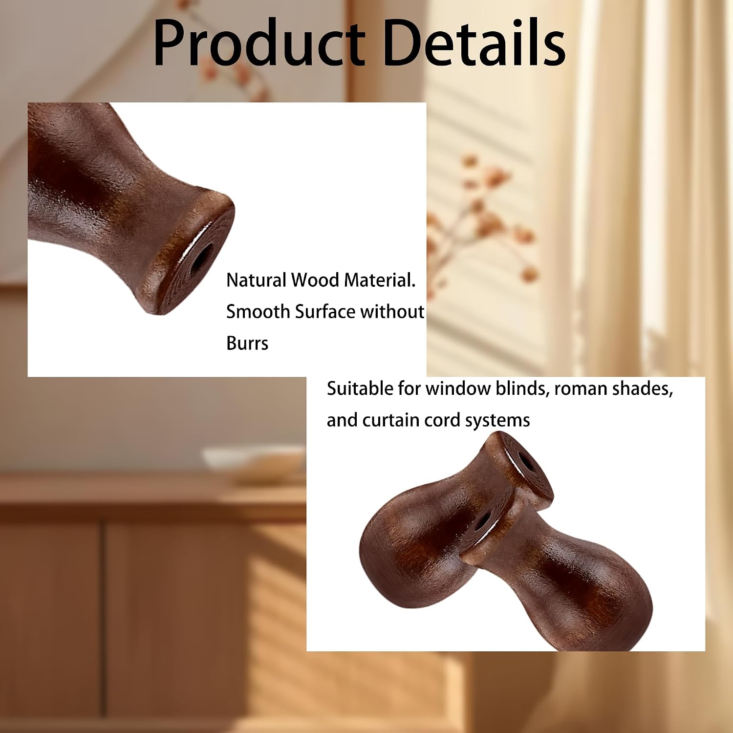 12PCS Wood Cord Tassels Brown Wooden Pull Knobs for Window Blinds Roman Shades Curtain Hanging Ball Pulls Craft Accessories 32x19mm