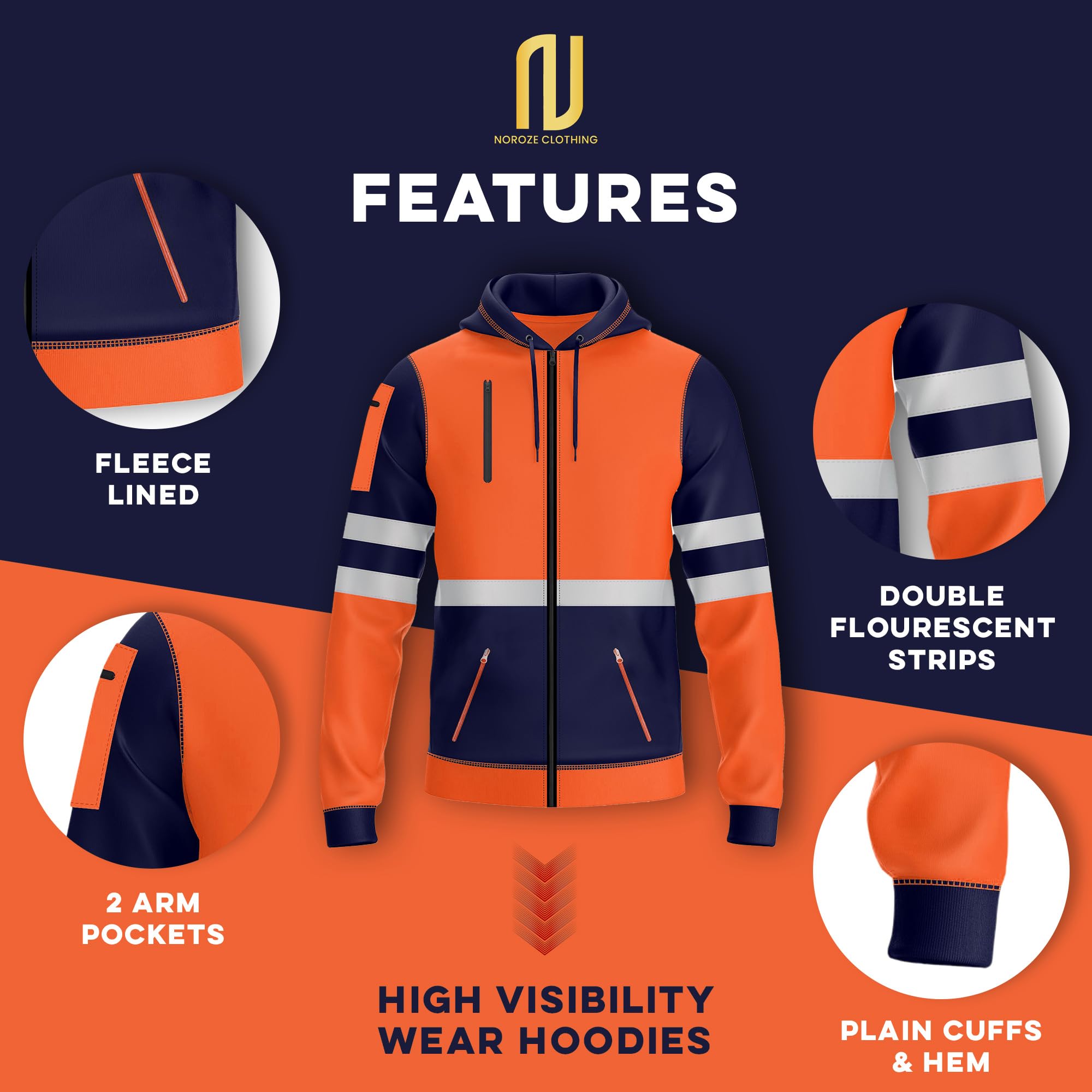 NOROZE Sudadera Alta Visibilidad Hombre con Capucha y Cinta Reflectante Cremallera Completa