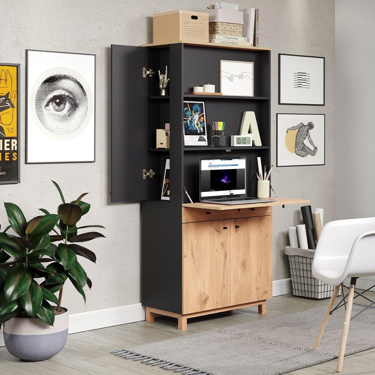 trendteam smart living - Sekretär Schreibtisch Multifunktionsschrank - Wohnzimmer - Solution - Aufbaumaß (BxHxT) 76 x 175 x 41 cm - Farbe Navi Blau mit Viking Eiche - 221400833
