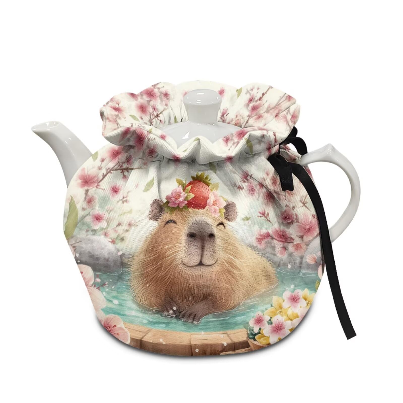 Xoenoiee Capybara Tea Cozy Tea Cosy for Teapots Keep Warm Teapot Cover Cherry Blossom Insulated Kettle Cover for Home Kitchen Table Decor