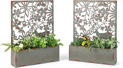 Giantex Pantalla decorativa de privacidad, color óxido, maceta de metal con enrejado, gancho para colgar incluido, gran área de plantación, adecuada