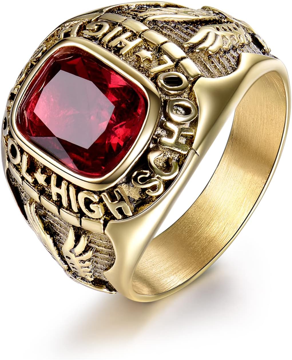 Retro Eagle Stainless Steel Rings for Men High School Red Crystal Gold Tone Jewelry Size 8-15