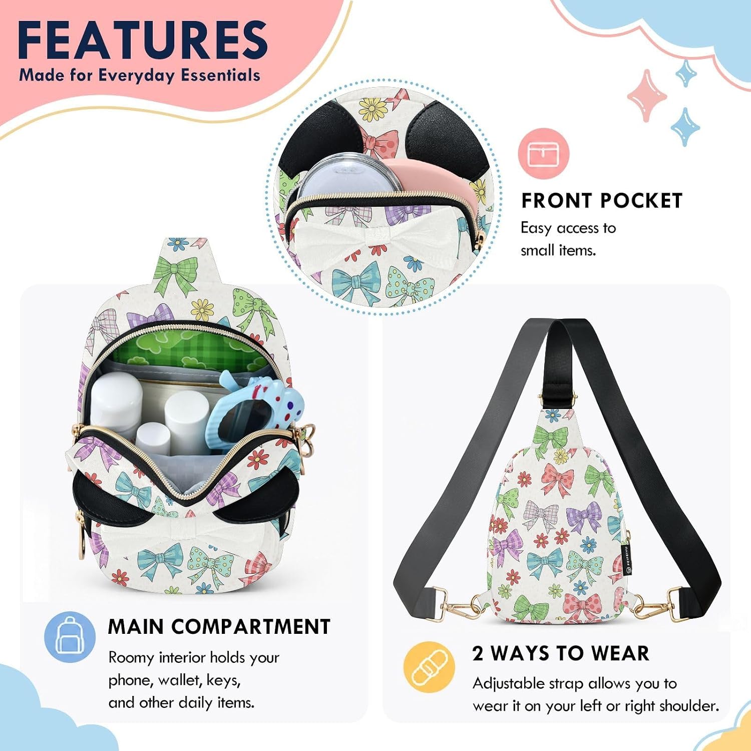 Sinestour Bow Kids Sling Bag for Girls, 5.7"x3.1"x7.5" | Crossbody Fanny Pack, Toddler Purse, Cute Sling Belt Bag with Ears, 2L Small Shoulder Chest Bag for Travel