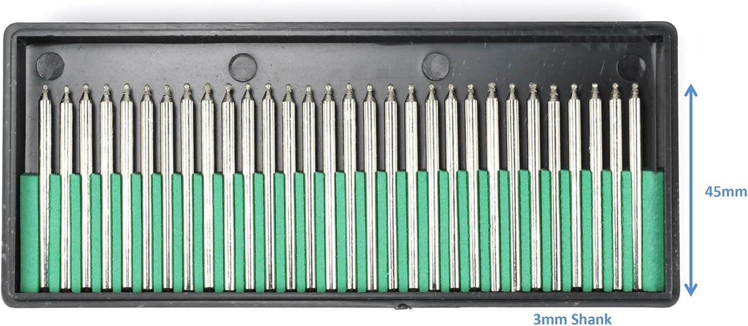 30pcs Diamond Burrs Ball Head 1.5mm Diameter - 3mm Shank Drill Bits for Grinding Carving Engraving Polishing - Gemstone Coated File Tip Tipped Point Rotary Tool Set