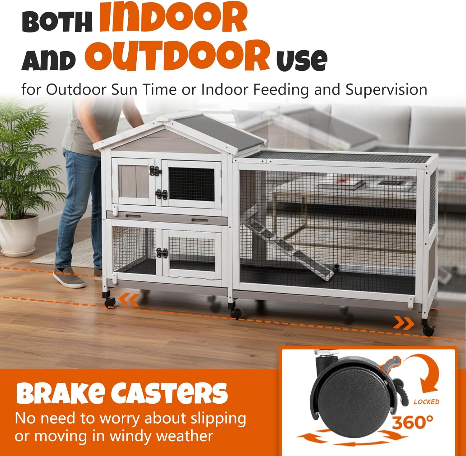 2-Story Rabbit Hutch Outdoor with Wheels, Weatherproof Indoor Bunny Cage with Anti-Chew Metal Frame Ramp, 3 Pull-Out No-Leak Trays, Waterproof Roof, Small Animals Cage