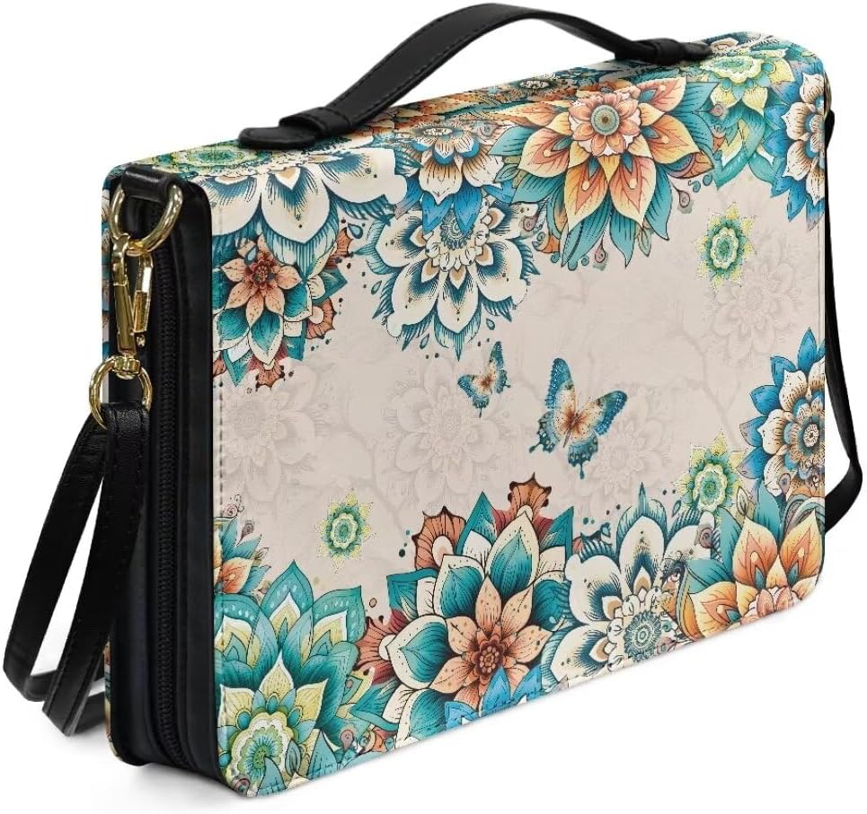 Coldinair Boho Flower Bible Cover Case for Women Butterfly PU Leather Bible Cover Bag Large Size Study Bible Tote Bag Carrying Book Scripture Journaling Notebook Protector