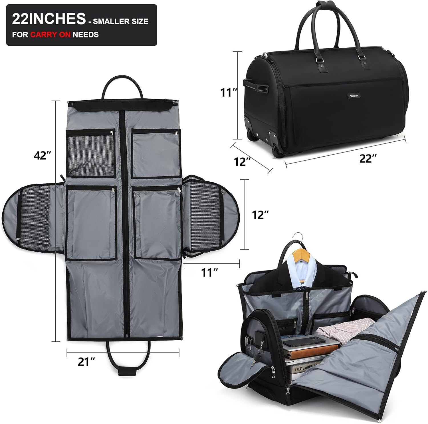 Modoker Rolling Garment Bags, Large Garment Duffle Bag with Wheels, 3 in 1 Garment Suit Luggage Bag for Women Men Business Travel Weekender