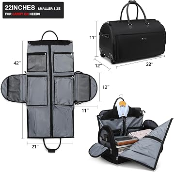 Modoker 3-in-1 Rolling Garment Duffle Bag with Wheels, 22in Black