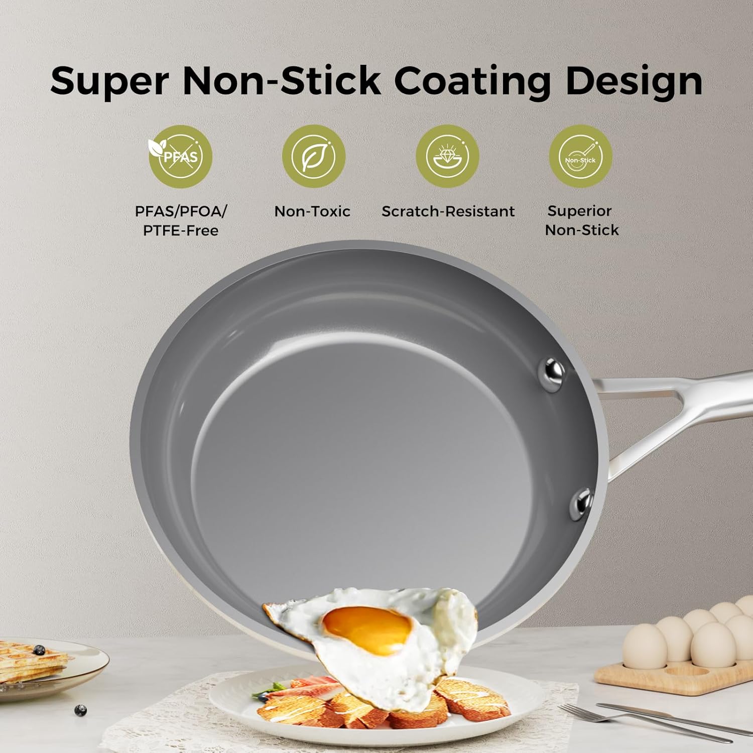 DiamondTitan Ceramic Pan Set 3 Piece （8, 9.5, 11 inch）, NonStick Frying Pan, PTFE/PFAS/PFOA-Free, Oven-Safe, Dishwasher Safe, Stay Cool Handle (Biege)