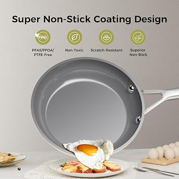 Diamond-Titanium Ceramic Nonstick Frying Pan Set, 3-Piece (20, 24 & 28cm), PFAS & PTFE & PFOA Free, Stainless Steel Handle, Dishwasher/Oven Safe, Beige