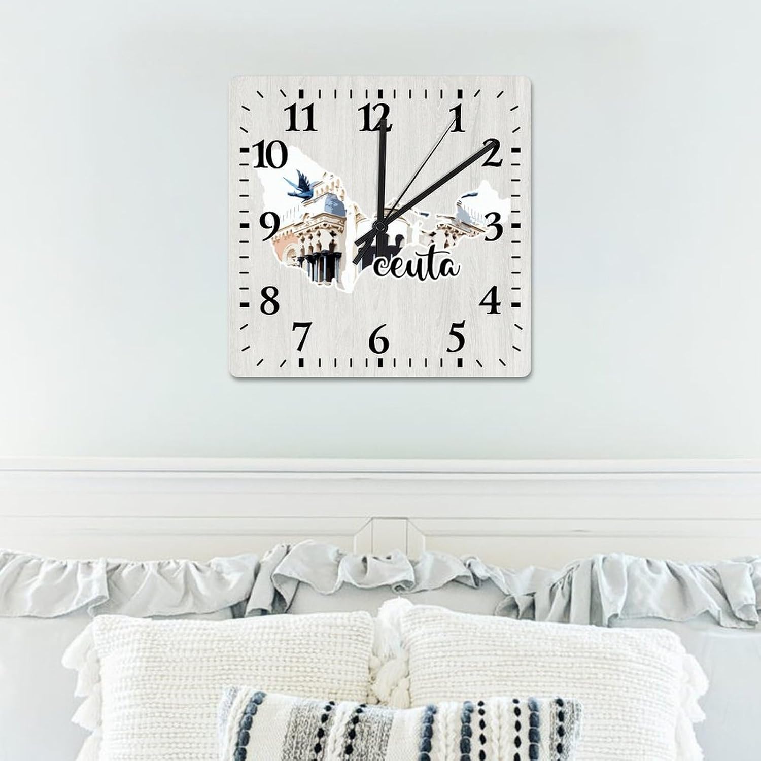 Ceuta Map Wall Clock Ceuta Landmarks Square Clock 15 Inch Large Wall Clocks Battery Operated Rustic Home Decor for Home Kitchen Office School Bathroom