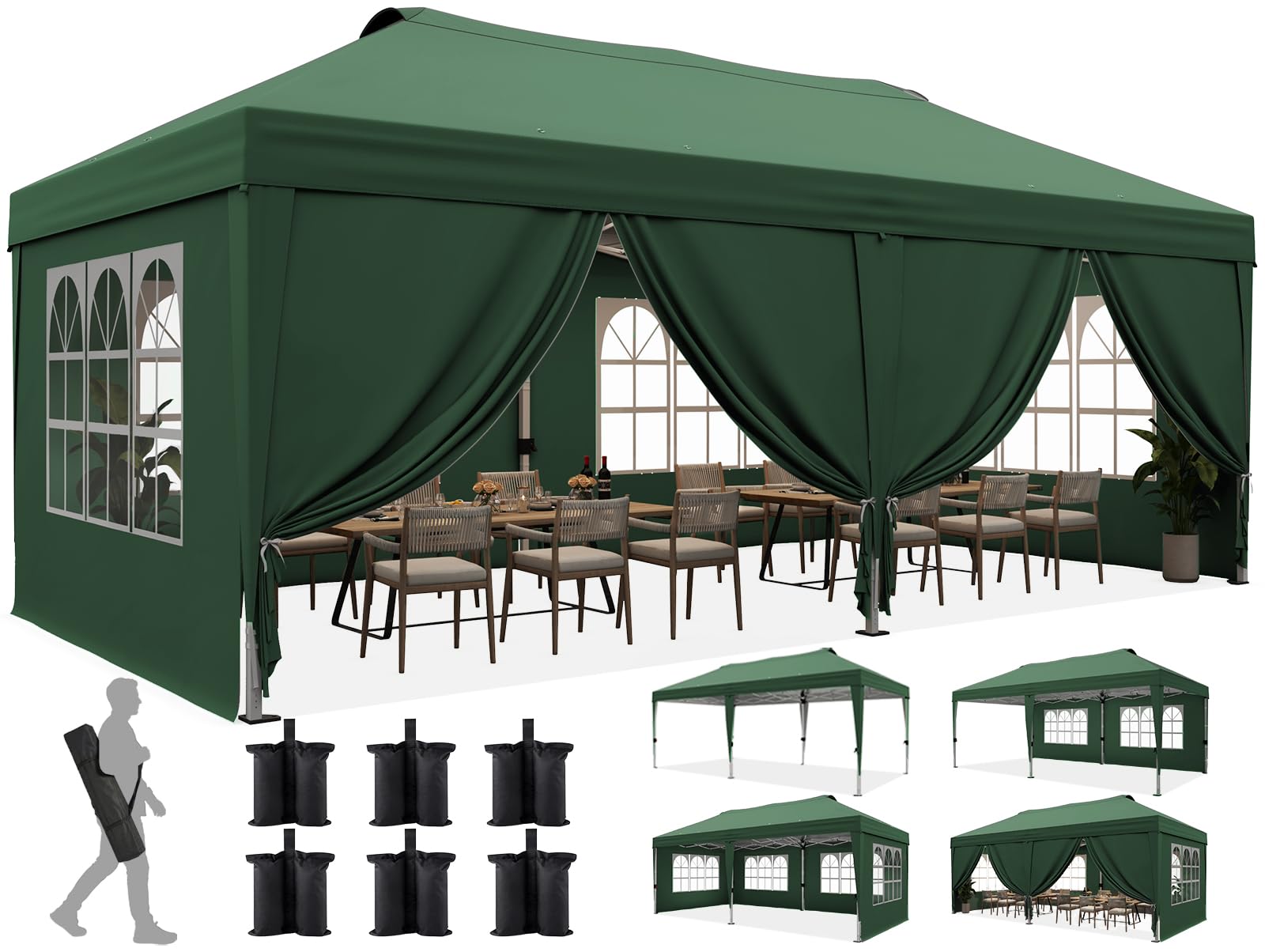 Quictent - Refugio para eventos (3 x 6 m, instalación instantánea, sistema de bloqueo central, paredes laterales extraíbles), color verde