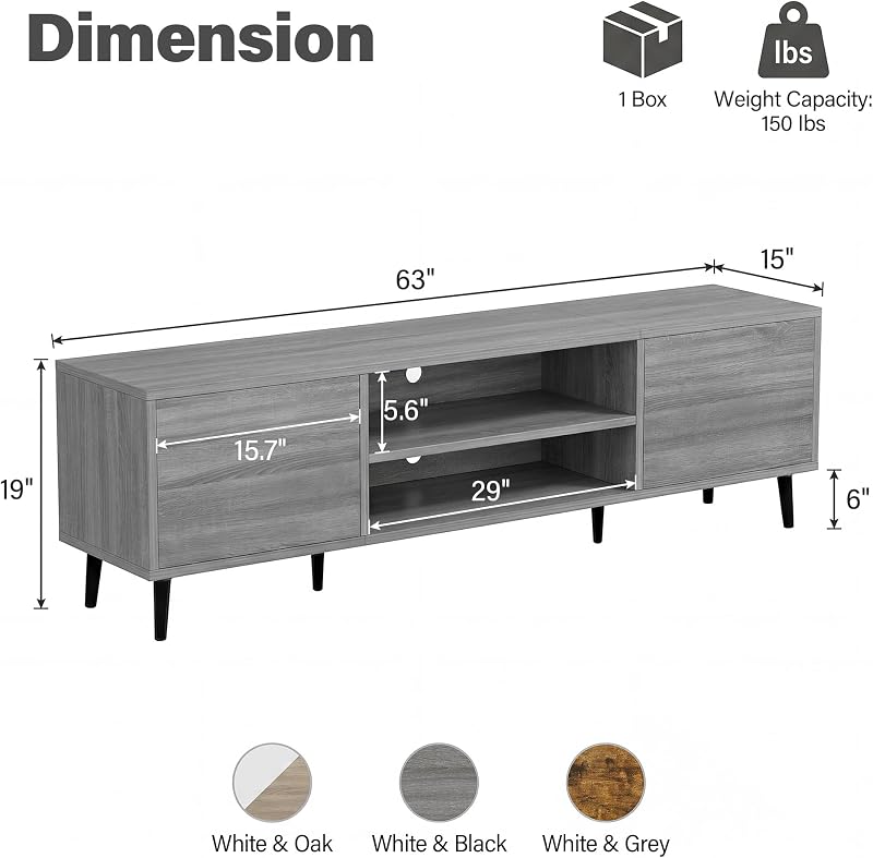 YESHOMY Mid-Century Modern TV Stand, 63 Inch, Light Gray image 2