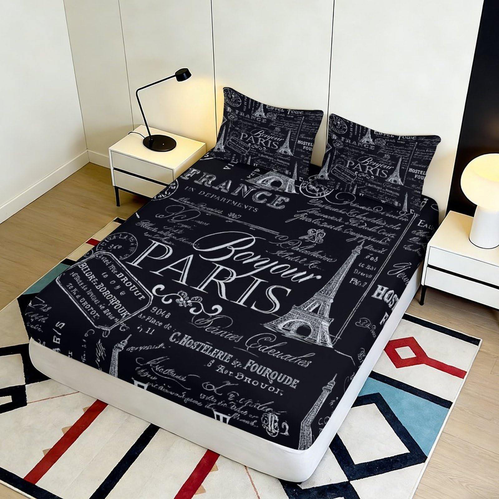 Lenzuolo con stampa 3D Parigi, in microfibra, antiscivolo | materiale morbido, coprimaterasso, facile da pulire, traspirante, lavabile, 180 x 200 x 25 cm
