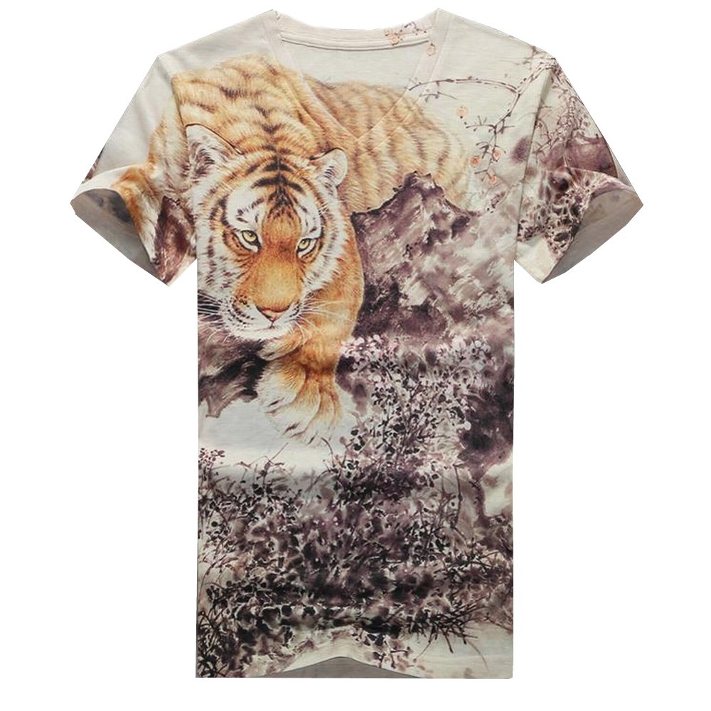 Easy Men's Fashion Sport Tiger Pattern V Neck Short Sleeve T-Shirts