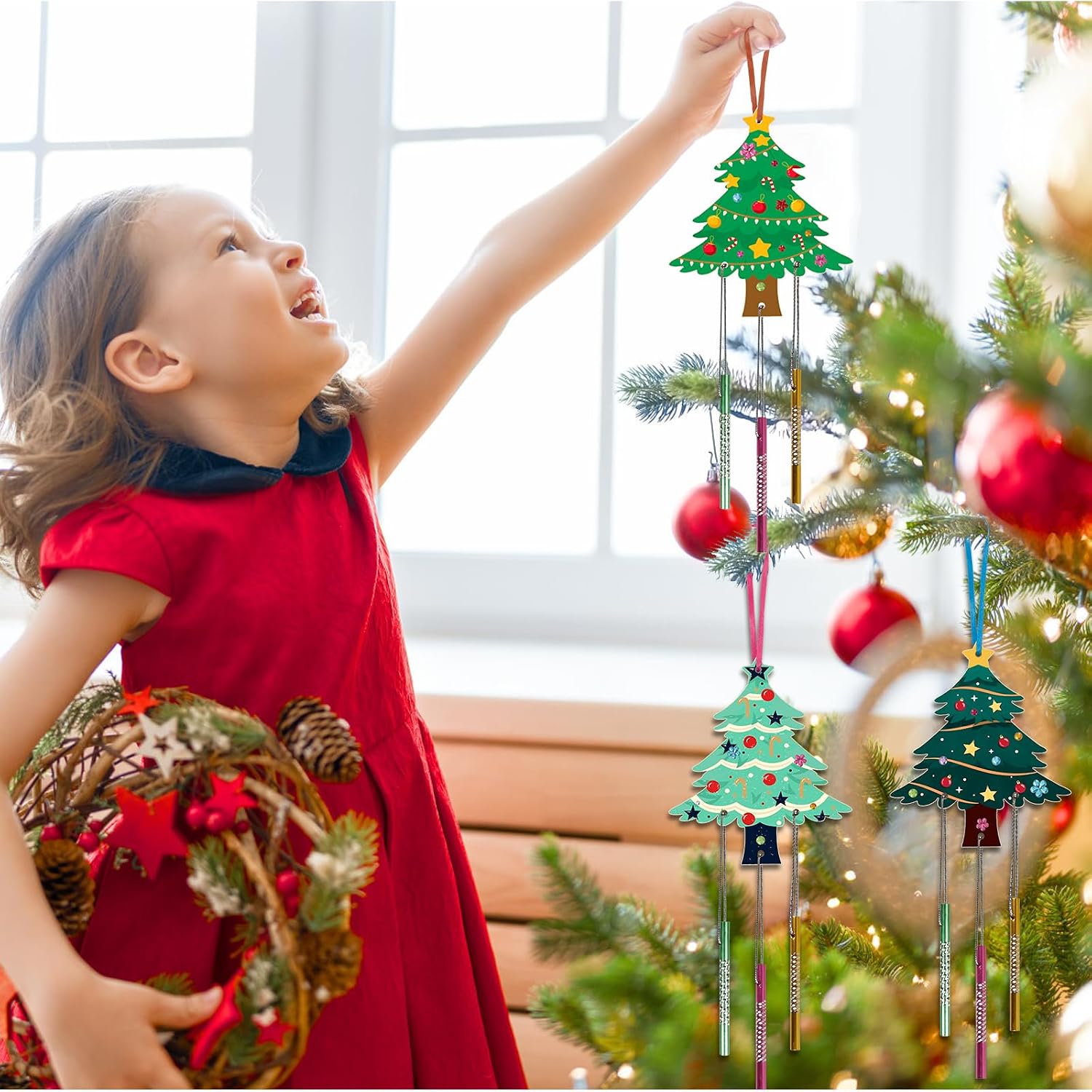 Fnnoral 10 Pack Christmas Tree Wind Chime Kit for Kids Make You Own Christmas Tree Wind Chimes DIY Coloring Wooden Craft for Christmas Hanging Ornaments Party Decoration image 4