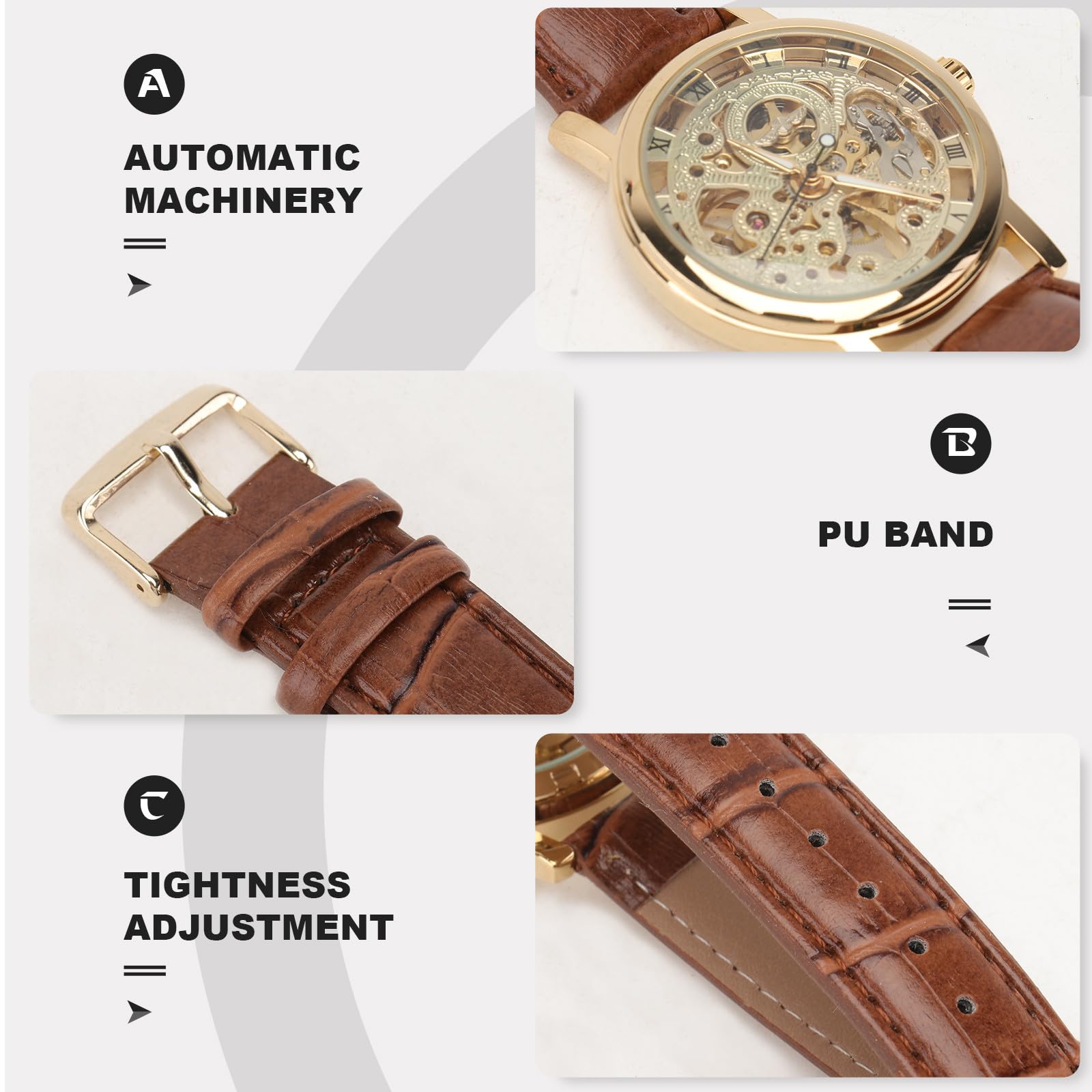 Baluue Orologio Meccanico Automatico da Uomo in Acciaio Inossidabile con Quadrante Tondo Oro e Cinturino Confortevole, per Uso Quotidiano