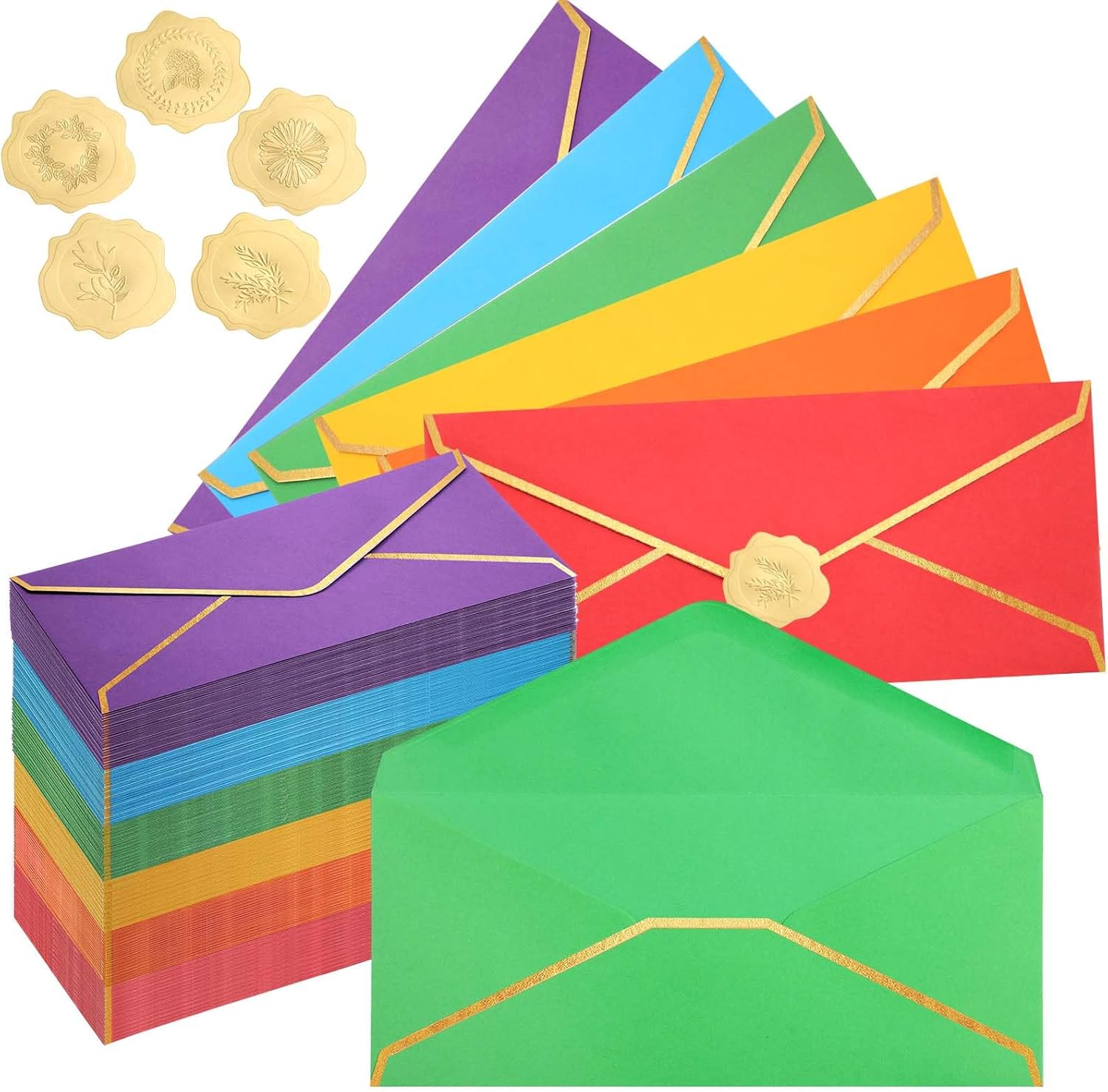 Jetec 100 Pcs 50 Pcs Colorful #10 Business Envelopes with Gold Border and Stickers Mailing Pretty Standard Letter Size Envelopes for Graduation Wedding Office Check Invoices Greeting Cards (Rainbow)