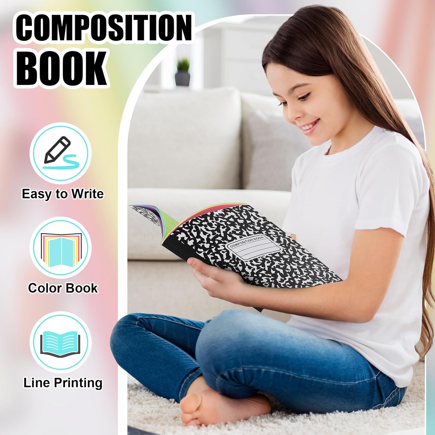 Henoyso 12 Pcs 120 Pages Colored Paper Notebooks 9.75" x 7.5" Bright Colors Lined Paper Notebook Wide Ruled Marble Notebooks Journals Bulk for Office School Supplies(Black)