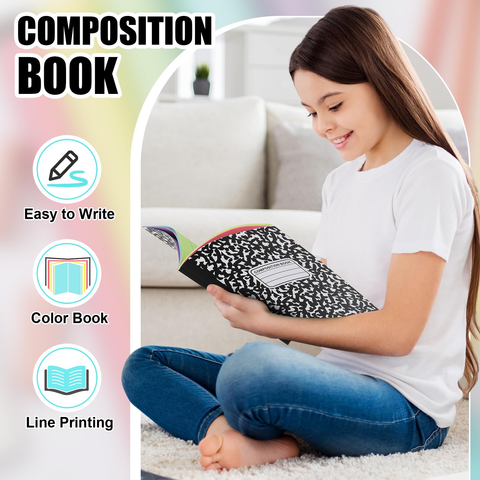 Henoyso 6 Pcs 120 Pages Colored Paper Notebooks 9.75" x 7.5" Bright Colors Lined Paper Notebook Wide Ruled Marble Notebooks Journals Bulk for Office School Supplies(Black Cover): Black Cover Bright Colors 6