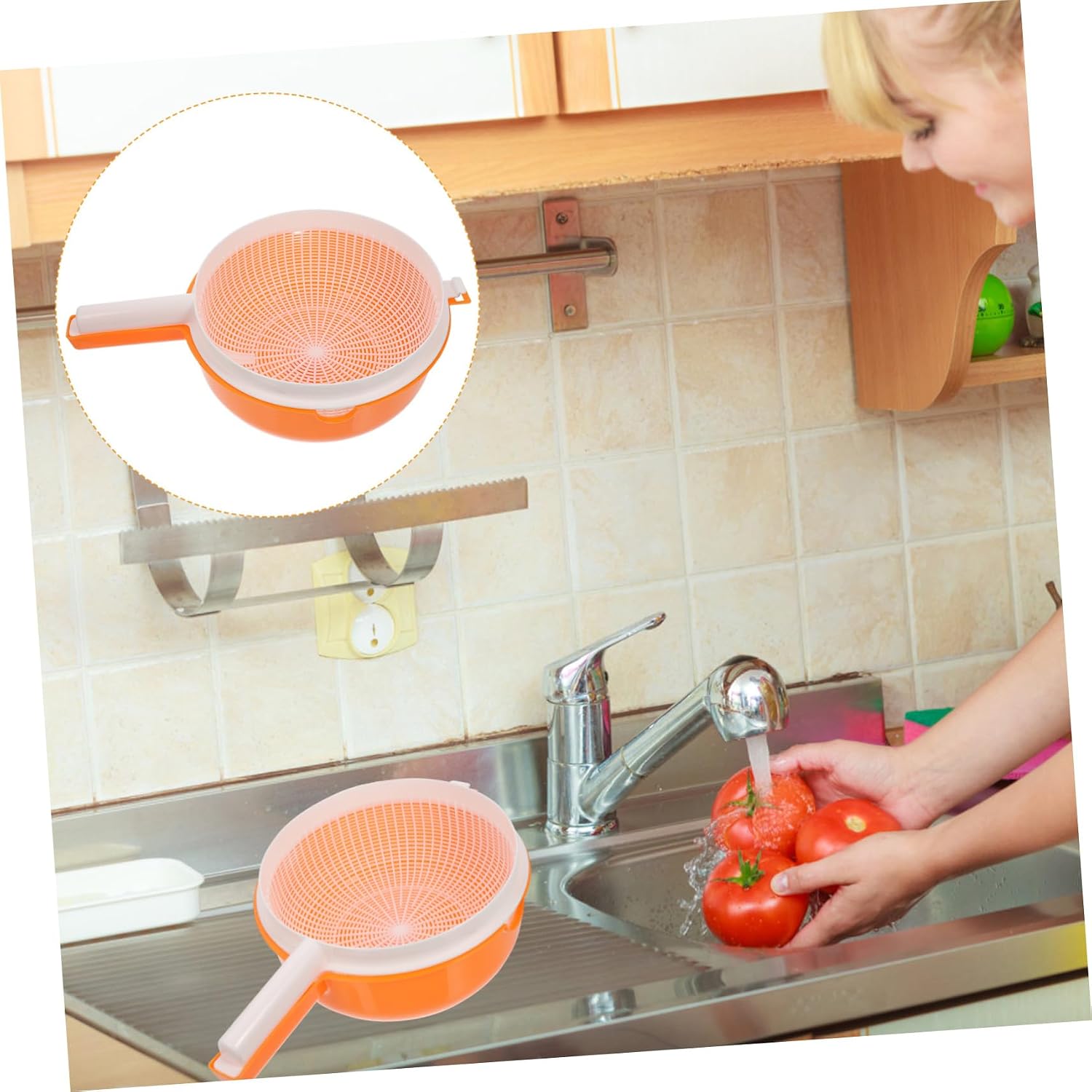 BESTOYARD Vegetable Wash Basket Double Layer Kitchen Colander Bowl 13.38 Inch with Handle for Draining Fruits Salad Pasta Efficient Drainage