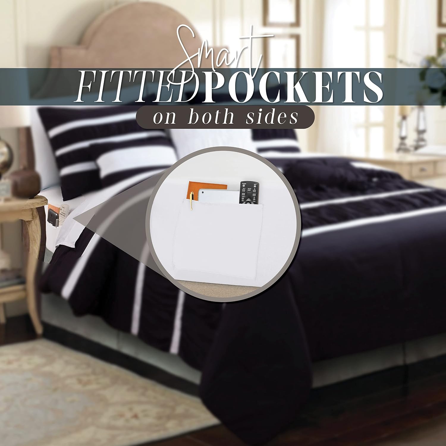 Elegant Comfort 12-Piece Bed-in-a-Bag, Isabella Pleated Ruched Ruffled Comforter Set, 6-Piece Sheet Set Featuring Smart Pockets, Matching Decorative Pillows, All Season Bedding, Queen, Black