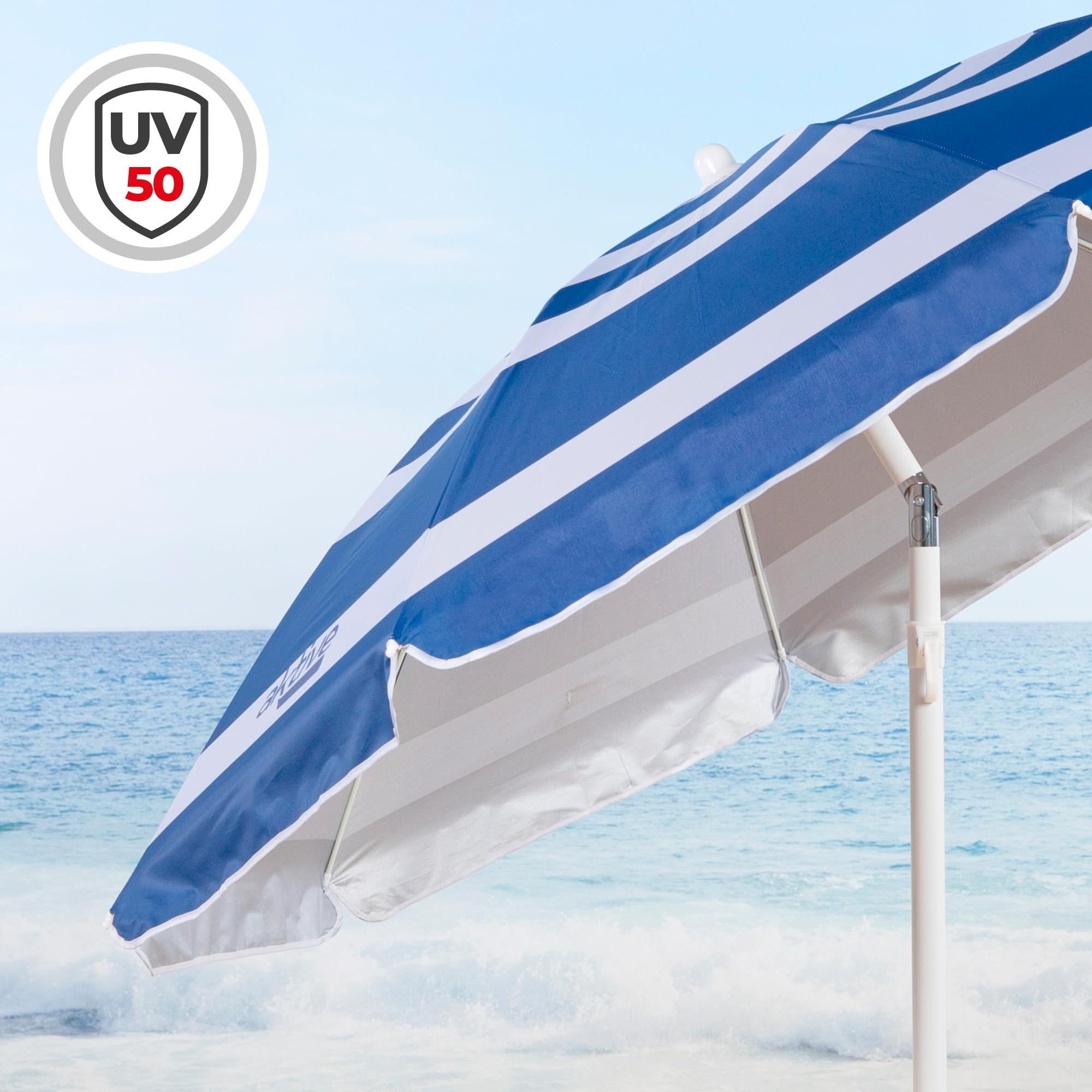AKTIVE Ombrellone da spiaggia pieghevole stile marinaio a righe Ø180, con rivestimento argentato e protezione UV 50, paravento spiaggia, ombrellone parasole, parasole, parasole, parasole, ombrelloni