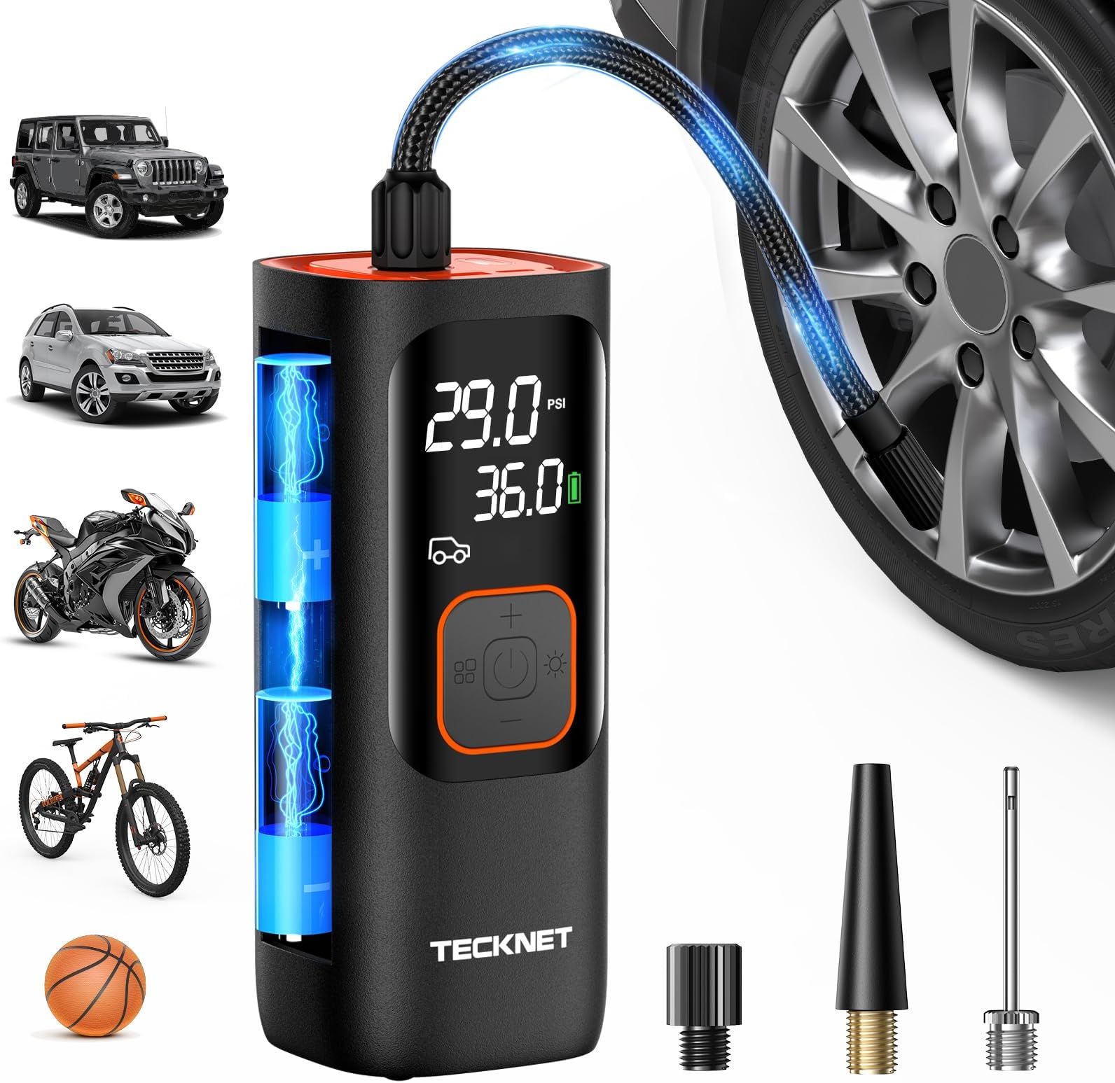 Portable Tire Inflator Air Compressor - Cordless, 20000mAh, 180 PSI, With Pressure Gauge & LED Lights
