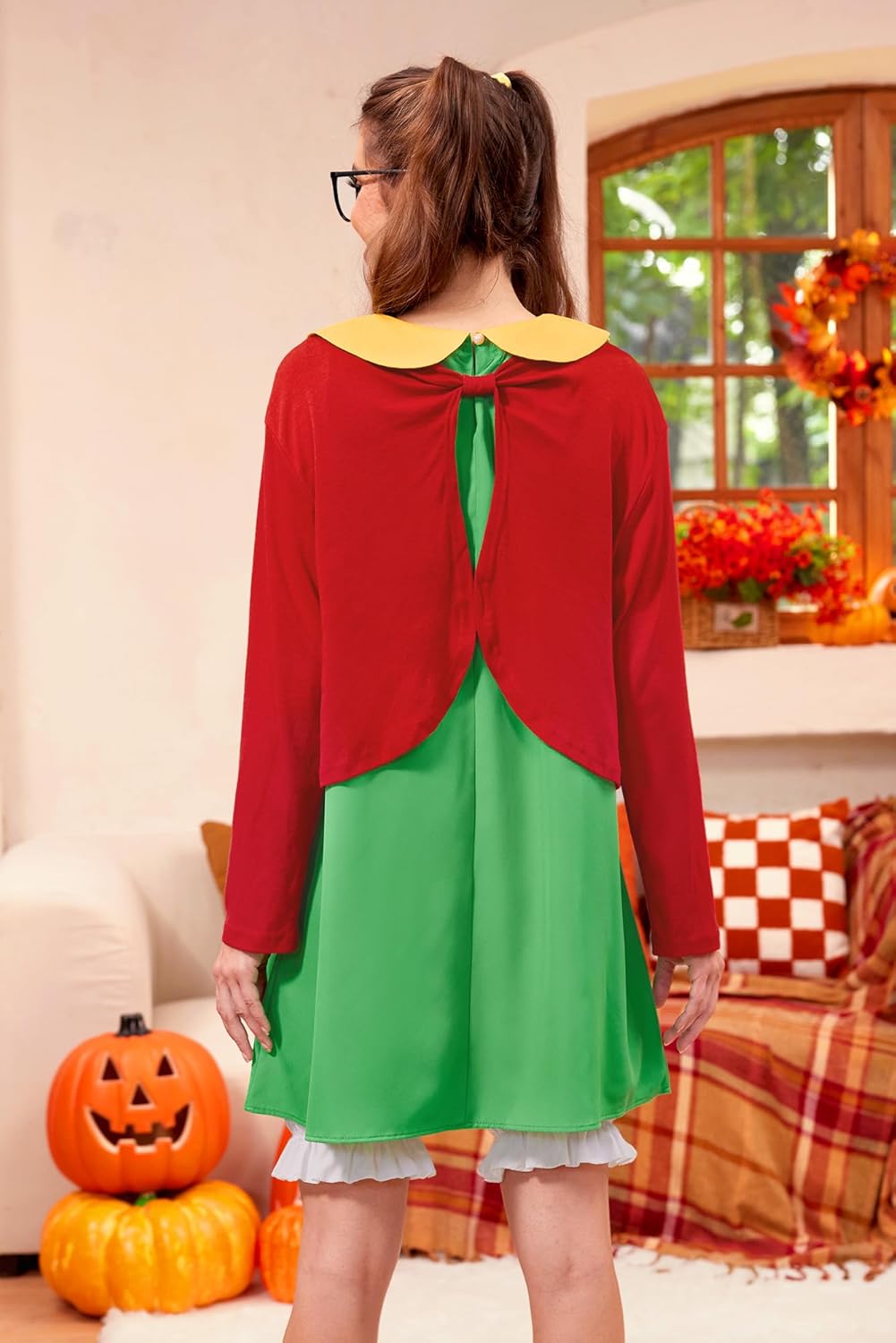 Clarisbelle Women's Halloween 6 Pcs Peter Pan Collar Outfits Cosplay Costume Green Dress with Red Cardigan - Image 6