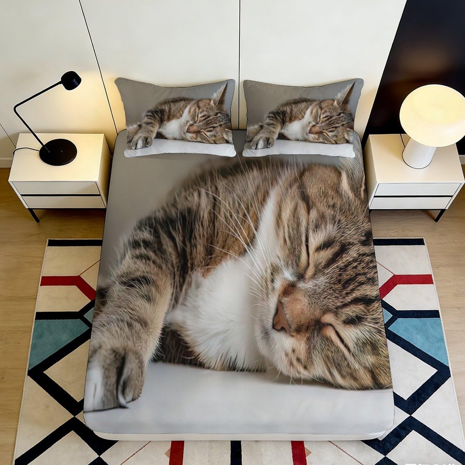 3D Printed Sleeping Cat Fitted Sheet Microfiber Soft Breathable Cozy Sleeping Cat Bed Cover for Bedroom Dormitory Guest Room Mattress Protection 180x200x25cm
