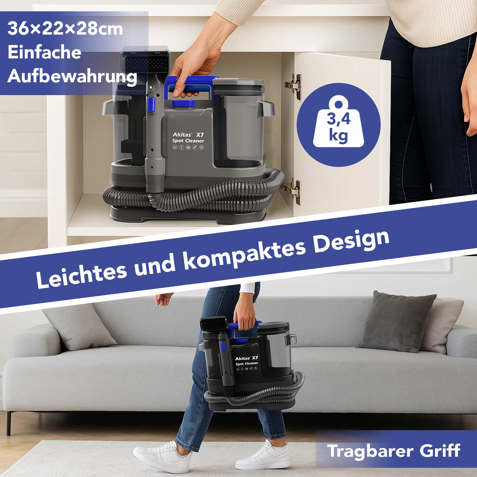 Akitas X7 600W Waschsauger, Polsterreiniger Gerät, 2-Tank Nasssauger, Selbstreinigung, Leicht für Tierflecken auf Sofas & Autositzen,Kompakt & Tragbar