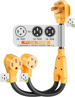 MECMO 4 Prong Modern Dryer to EV Charger Y Splitter, NEMA 14-30P to 14-50R & 14-30R Dual Outlets Adapter Cord 2ft for EV Car Charging, Newer Dryers & RVs - ONE Device at A TIME (Max 30A Shared)