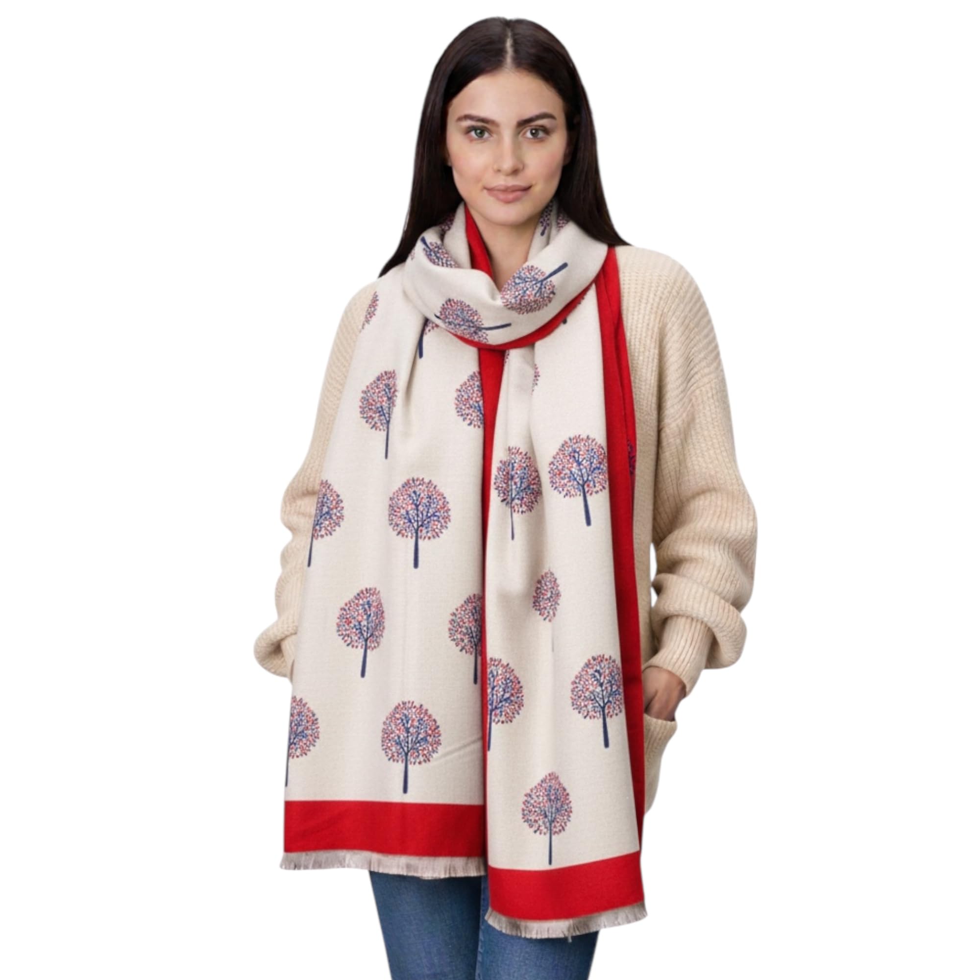 Hilto Women's Cream Red Winter Scarf Tree Of Life,Cashmire Soft Touch Reversible Pashmina Shawl, Scarves Wraps, Blanket, Mulberry Tree Large Girls (Cream Red)