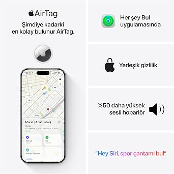 Apple AirTag (2. nesil) : Anahtarlık, Cüzdan ve Daha Fazlası İçin Takip Aygıtı; Sesli Konum Bulma Aygıtı; iPhone veya iPad ile Tek Dokunuşla Kolay Kurulum