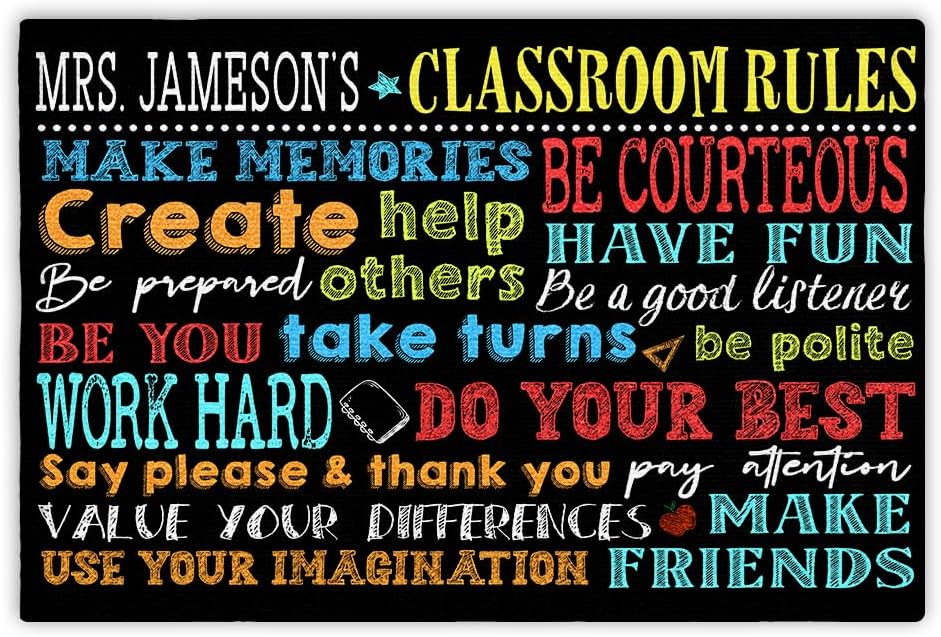Tapete personalizado con reglas del aula, tapete negro personalizado para puerta de entrada con nombre impreso en tapete de bienvenida duradero,