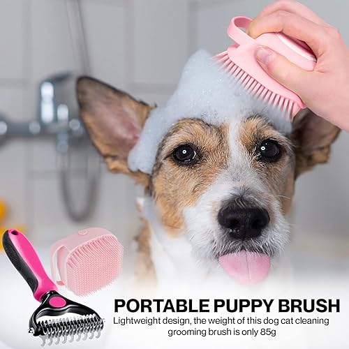 Miniatura 8 de Cepillo para perros + cepillo de baño para perros con dispensador de champú de 2.7 fl oz (2 en 1), cepillo de aseo de doble cara, cepillo de aseo