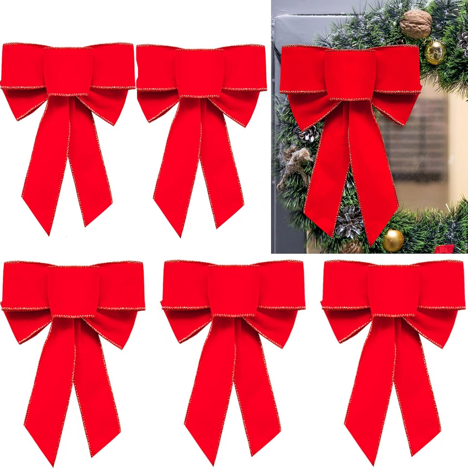 Yanmucy 6 Pcs Large Christmas Bows Red Velvet Bow with Glitter Gold
