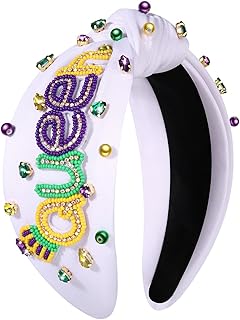 Mardi Gras Headband for Women Fleur De Lis Crown Mask Headband Purple Jeweled Rhinestone Pearl Top Knot Headbands Carnival Mardi Gras Accessories Parade Party Favors Gifts (QUEEN 1 - White)